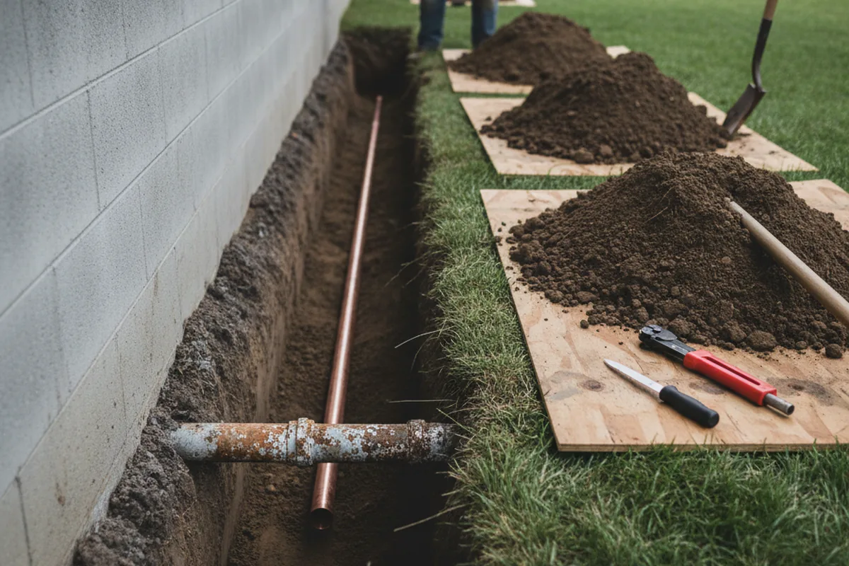 Excavated water line trench during Water Softener Installation in Irwin
